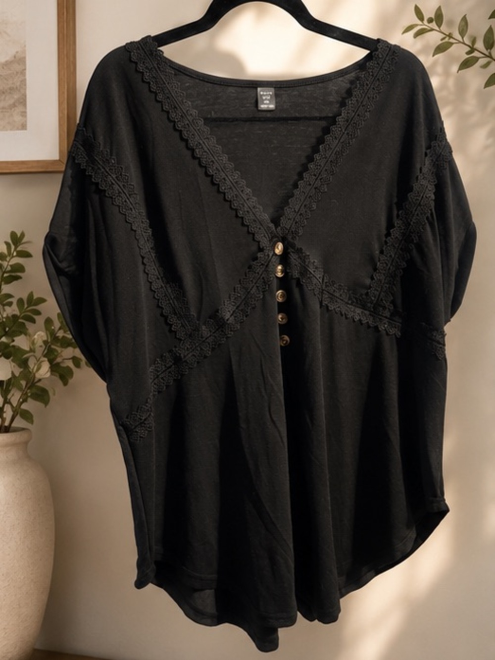 NWOT SHEIN Black Lace-Trim Button-Front Tunic